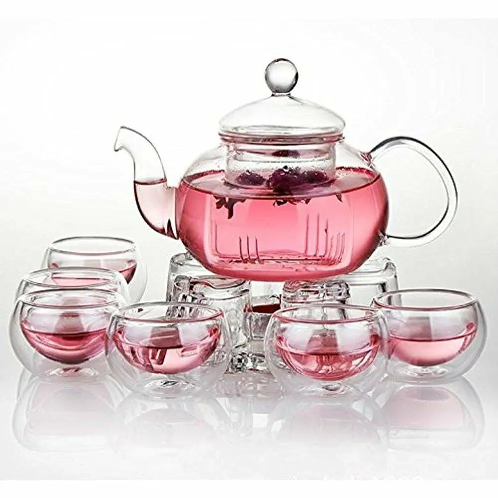 Jusalpha Glass Filtering Tea Maker Teapot with a Warmer and 6 Tea Cups Set