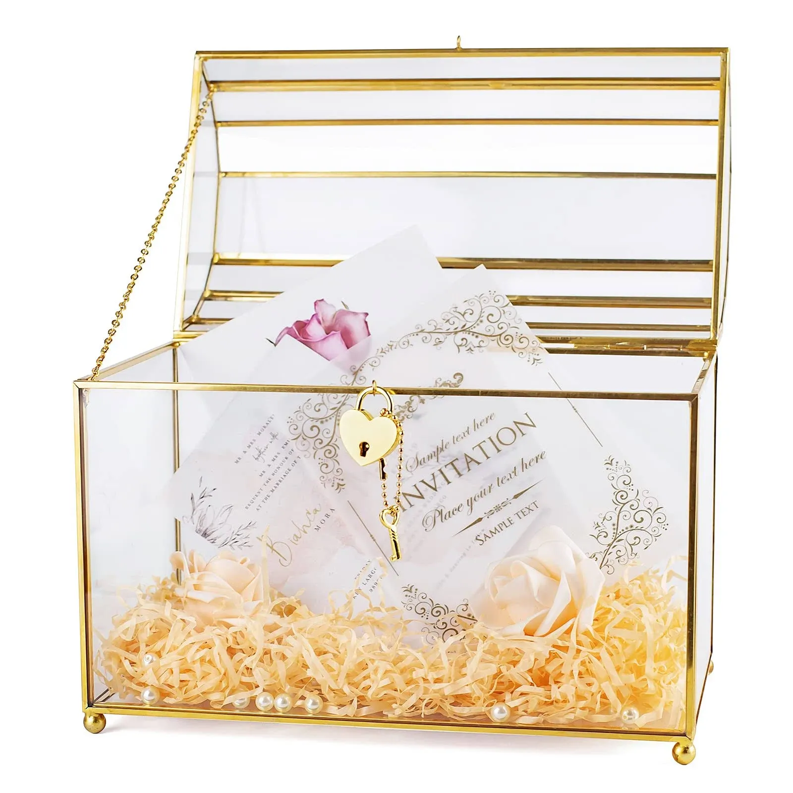 Jajamy Glass Wedding Card Box with Slot, Large Clear Card Box Gold Brass Gift Card Storage Box Perfect for Wedding Receptions, Baby Shower, Birthday Party, Bridal Shower Greeting Card Glass Organizer