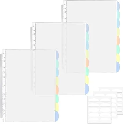 3 Set of 24 Pack A4 Plastic Sleeves Binder Index Dividers Pocket Dividers for 2/3/4 Ring Binder with 8 Tabs，Clear Plastic Sheet Protectors Paper Organizer for School Home Office