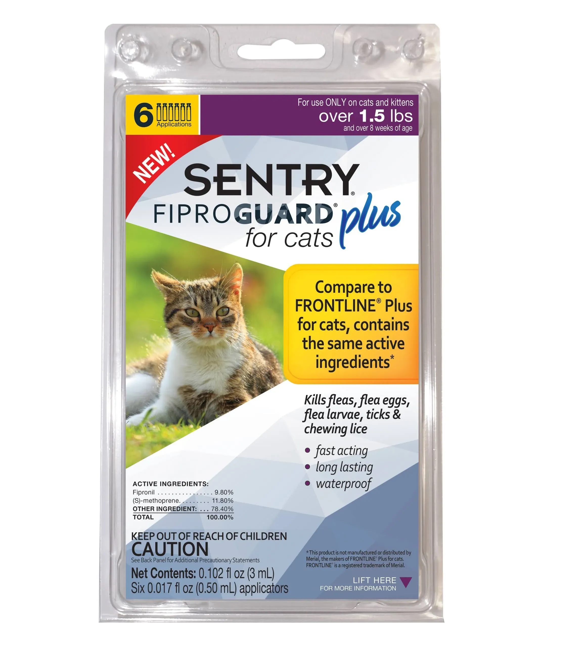 SENTRY Fiproguard Plus Flea and Tick Topical for Cats, 1.5 lbs and Over, 6 Month Supply