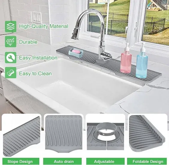 highydroLED 32 inch Sink Splash Guard, 32”x 5.5” Faucet Mat, Silicone Faucet Drainer Pad, Water Drip Catcher Mat for Kitchen, Bathroom, Laundry Room, Farmhouse, Bar RV Grey