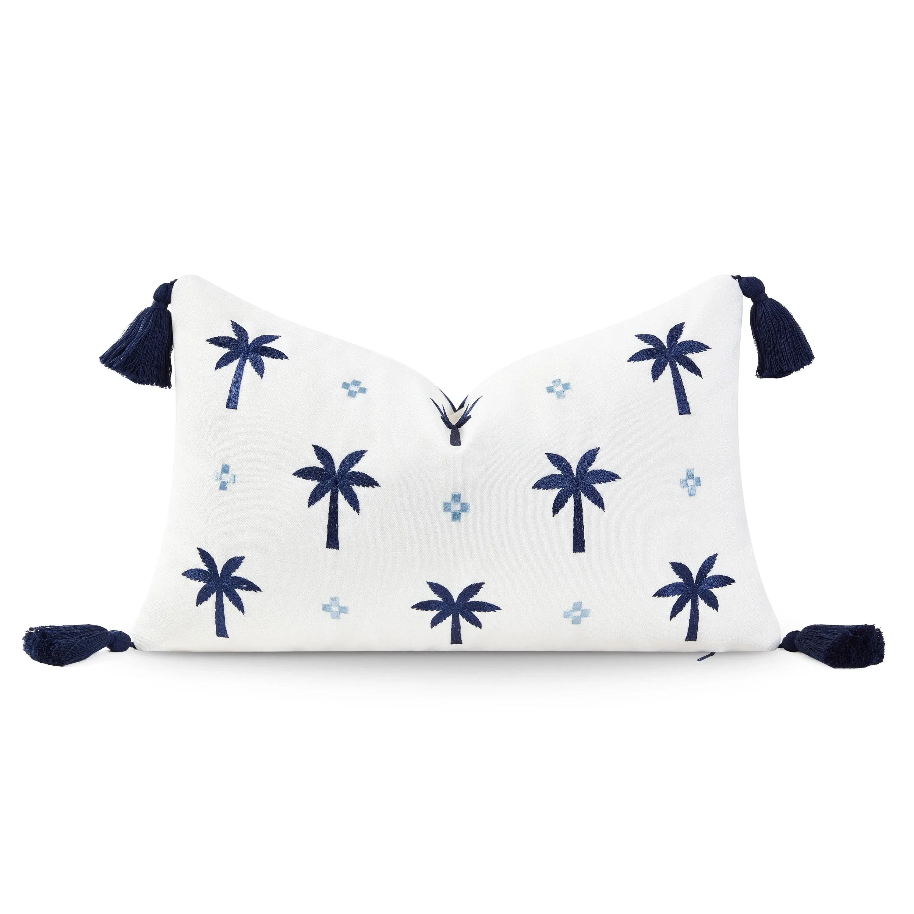 Hofdeco Premium Coastal Hampton Style Patio Indoor Outdoor Lumbar Pillow Cover Only, 12"x20" Water Resistant for Backyard, Couch, Navy Blue Baby Embroidered Palm Tree Tassel