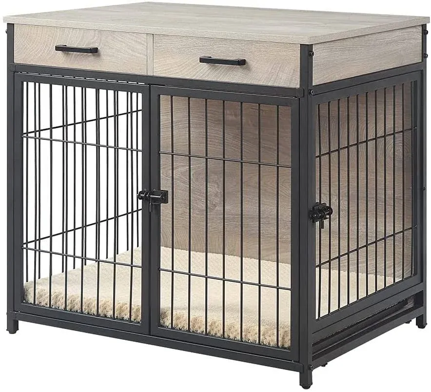 beeNbkks Furniture Style Dog Crate End Table with Tray and 2 Drawers Double Doors ...