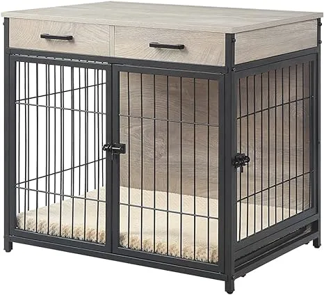 beeNbkks Furniture Style Dog Crate End Table with Tray and 2 Drawers, Double Doors Wooden Wire Dog Kennel with Pet Bed, Decorative Pet Crate Dog House Indoor Use