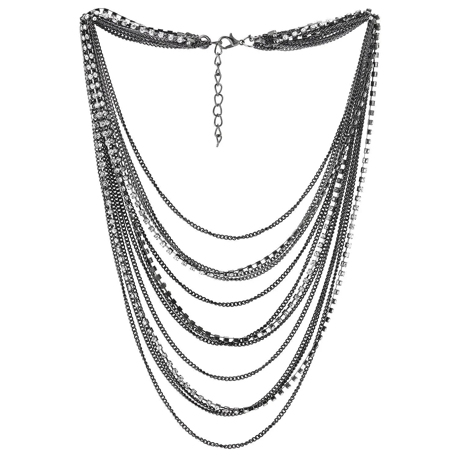 Grey Black Waterfall Multi-Strand Chains Statement Collar Necklace with Rhinestones Chains, Dress