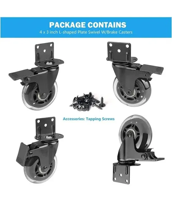 Hirate Side Mount Casters Set of 4 with Brake, 3" L-Shaped Plate Casters Replacement Material Handling for Furniture, Baby Bed, Suitcase,Cabinet,Table Casters,Loading Capacity 600 Lbs