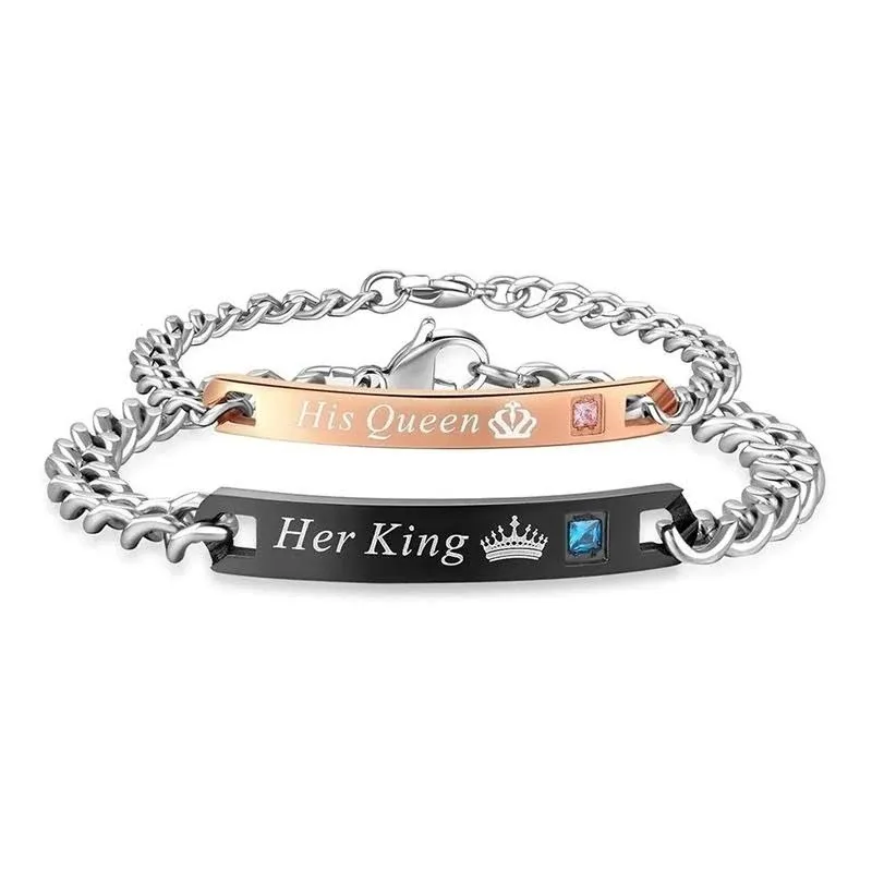 Gift for Lover His Queen Her King Stainless Steel Couple Bracelets for Women Men