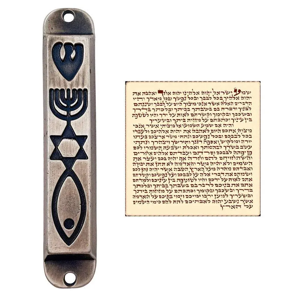 Pewter Messianic Mezuzah Case with Scroll for Door Menorah Star of David Jerusalem Messianic Seal 10 cm / 4 Inch Home Protection Gift