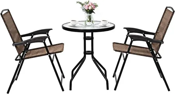 Giantex Patio Dining Set with 2 Patio Folding Chairs, Outdoor Round Table and Chairs for Garden, Pool, Backyard, Tempered Glass Tabletop, Bistro Dining Furniture Set (Brown)