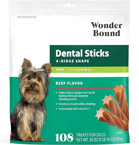 Wonder Bound Beef Flavor Dental Sticks for Tiny Dogs (5-20 lbs), 6-Ridge Shape for Plaque & Tartar Control, Freshens Breath, Formulated with Vitamin C, 108 Count