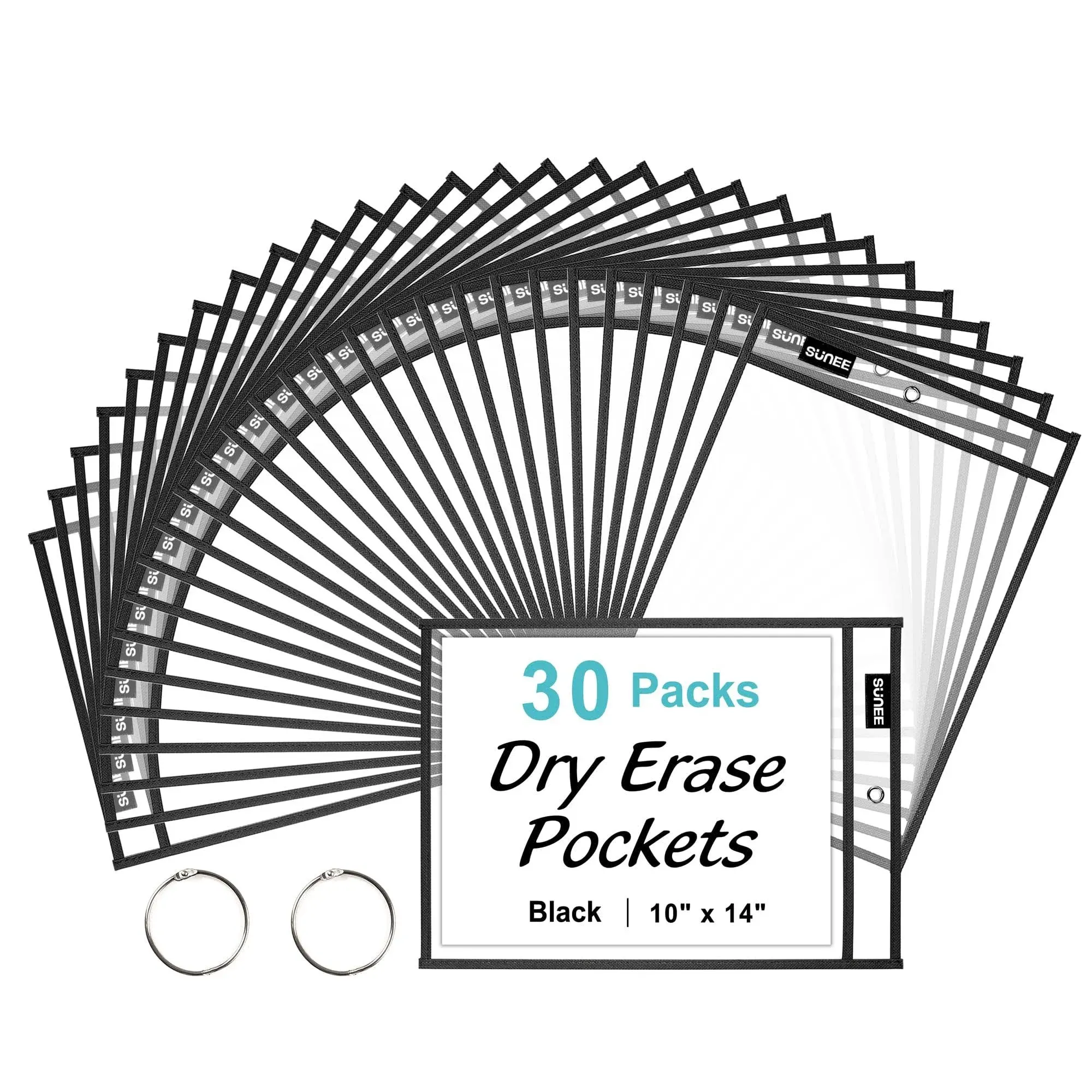 SUNEE 30 Packs Oversized Reusable Dry Erase Pocket Sleeves with 2 Rings, Black 10x14 Ticket Holders, Clear Plastic Sheet Protectors, Teacher School