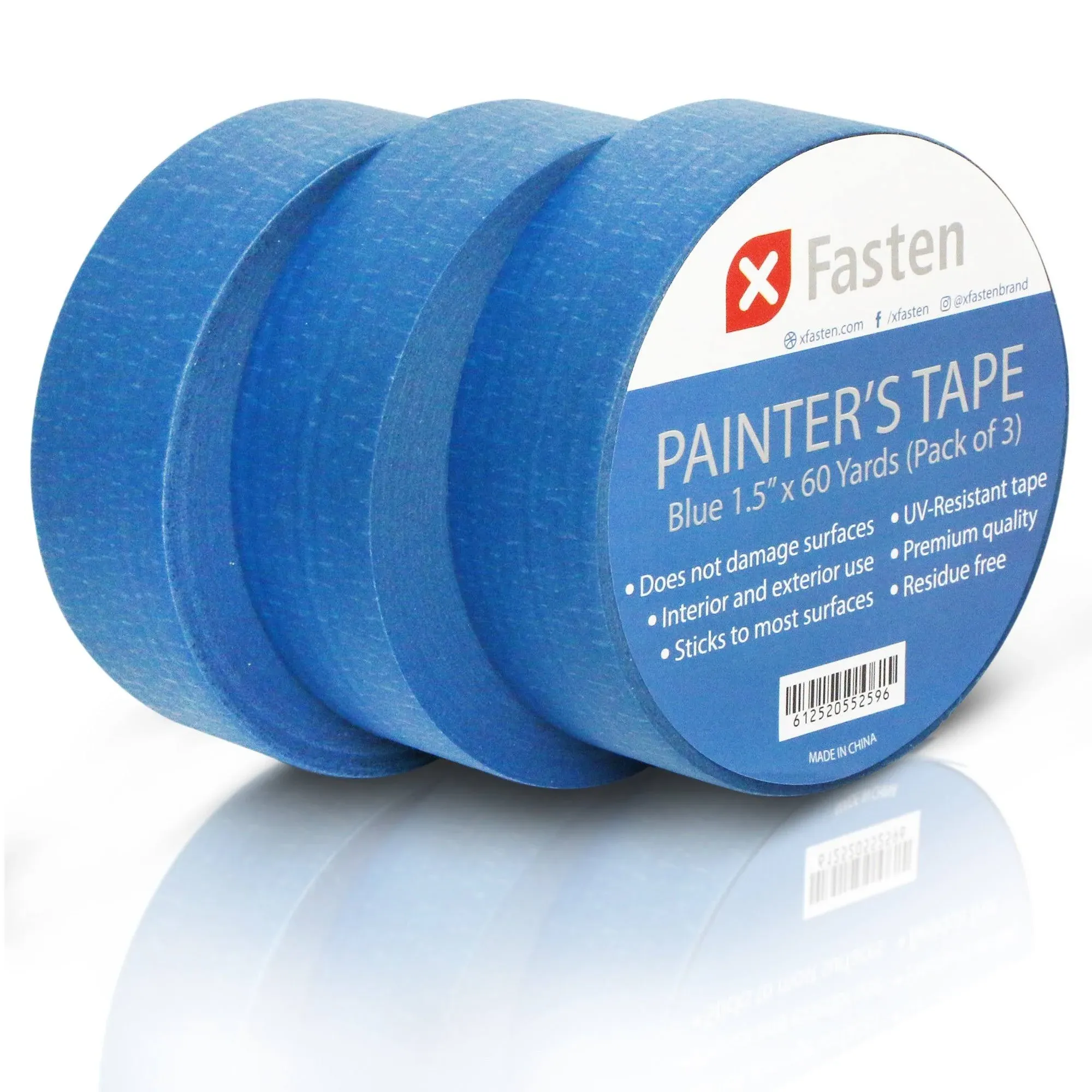 XFasten Professional Blue Painters Tape 2 Inch x 60 Yards (3-Pack) Bulk Blue Masking Tape for Painting Walls | Residue-Free