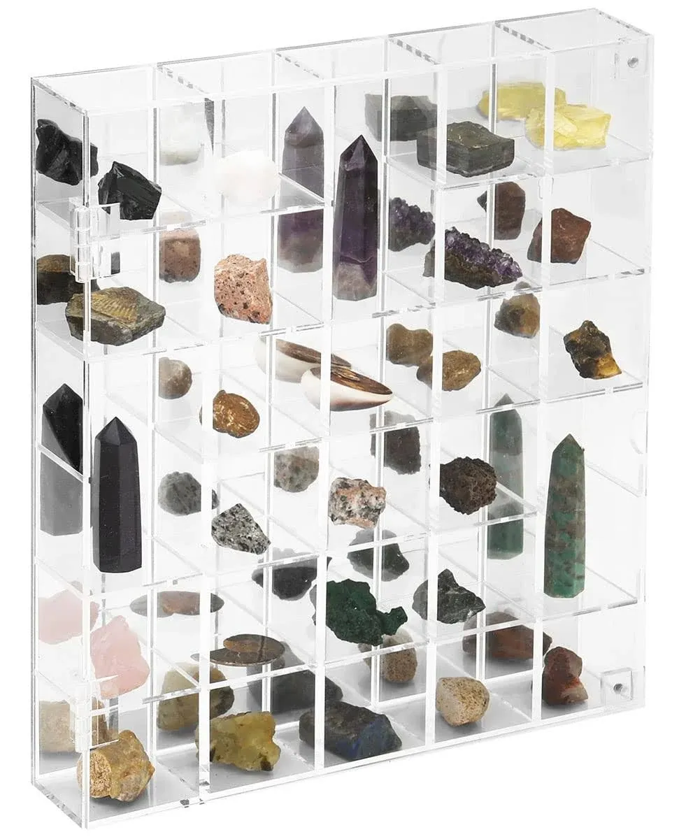 Adjustable Rock Display Case Clear Acrylic Collection Box with Mirrored 