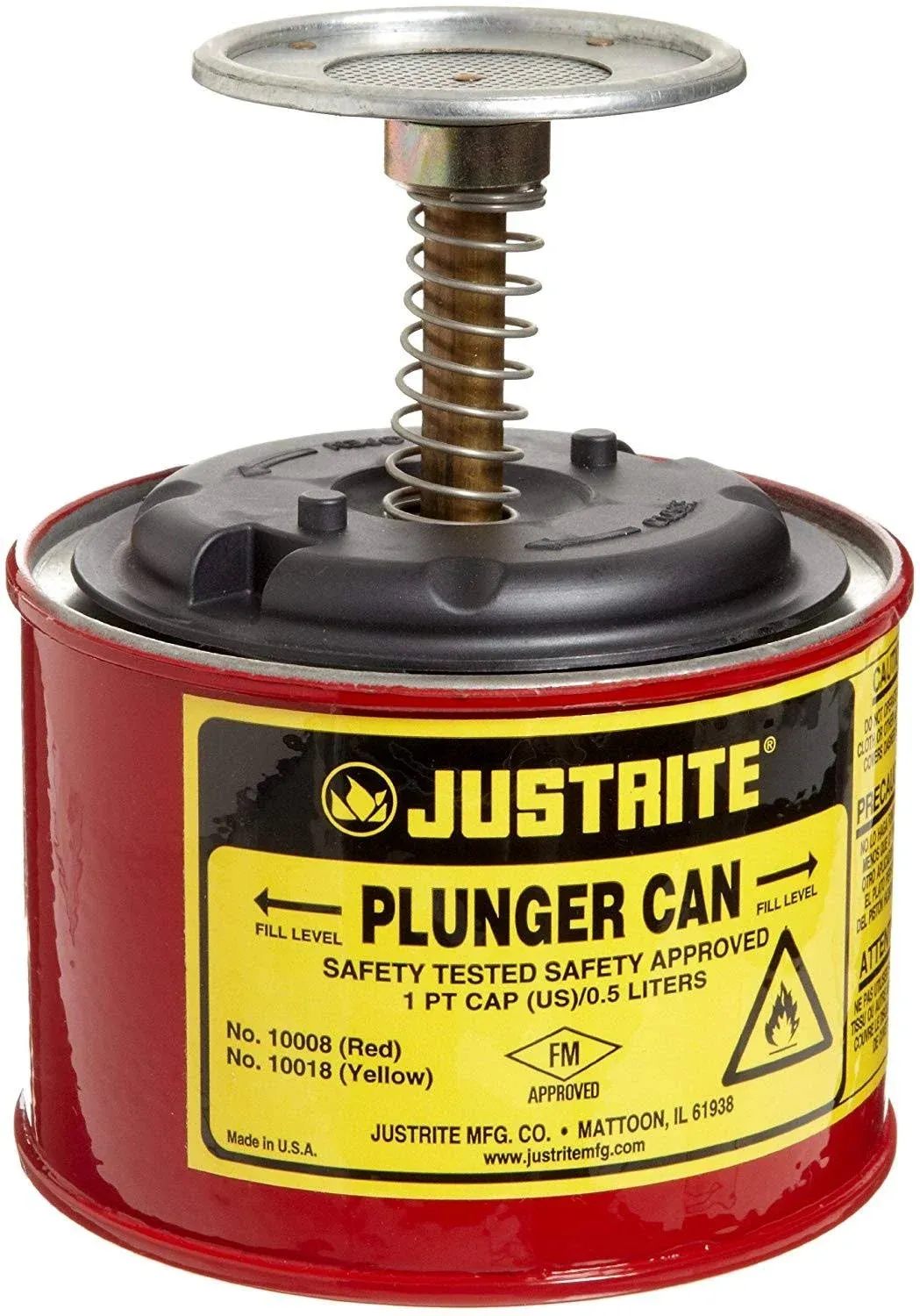 Justrite 10008 1 Pint, 5.25" H, 4 7/8" O.D, Premium Coated Steel Plunger Can with Brass and Ryton Pump Assembly, Red