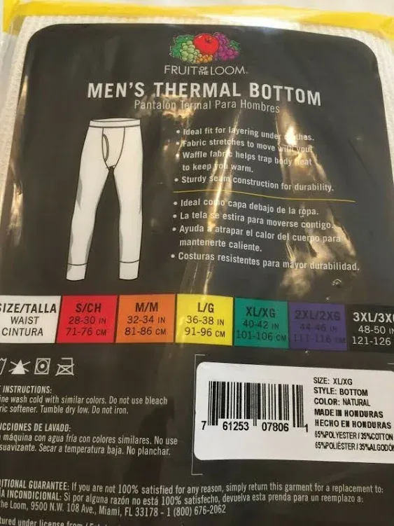 NWT Men Fruit of Loom Thermal Waffle Base Bottom Drawers Underwear Layer Pant