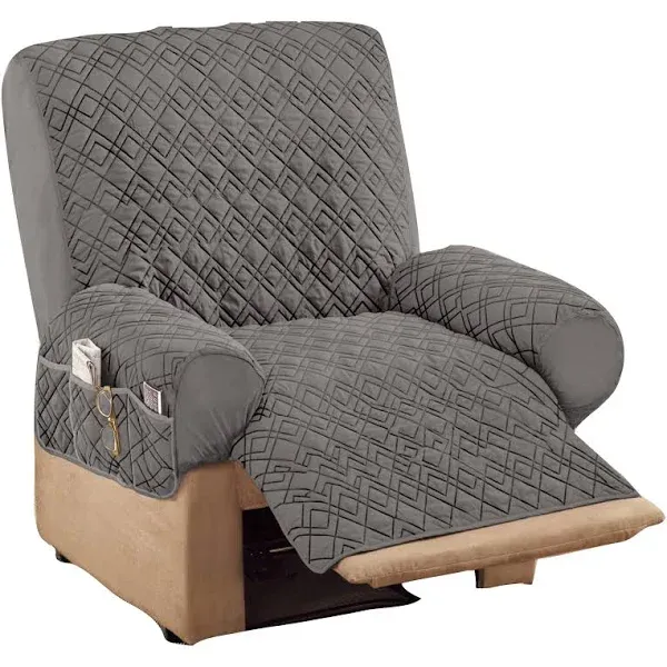 Collections Etc Diamond-Shape Quilted Stretch Recliner Cover with Storage Pockets and Elastic Straps - Furniture Protector