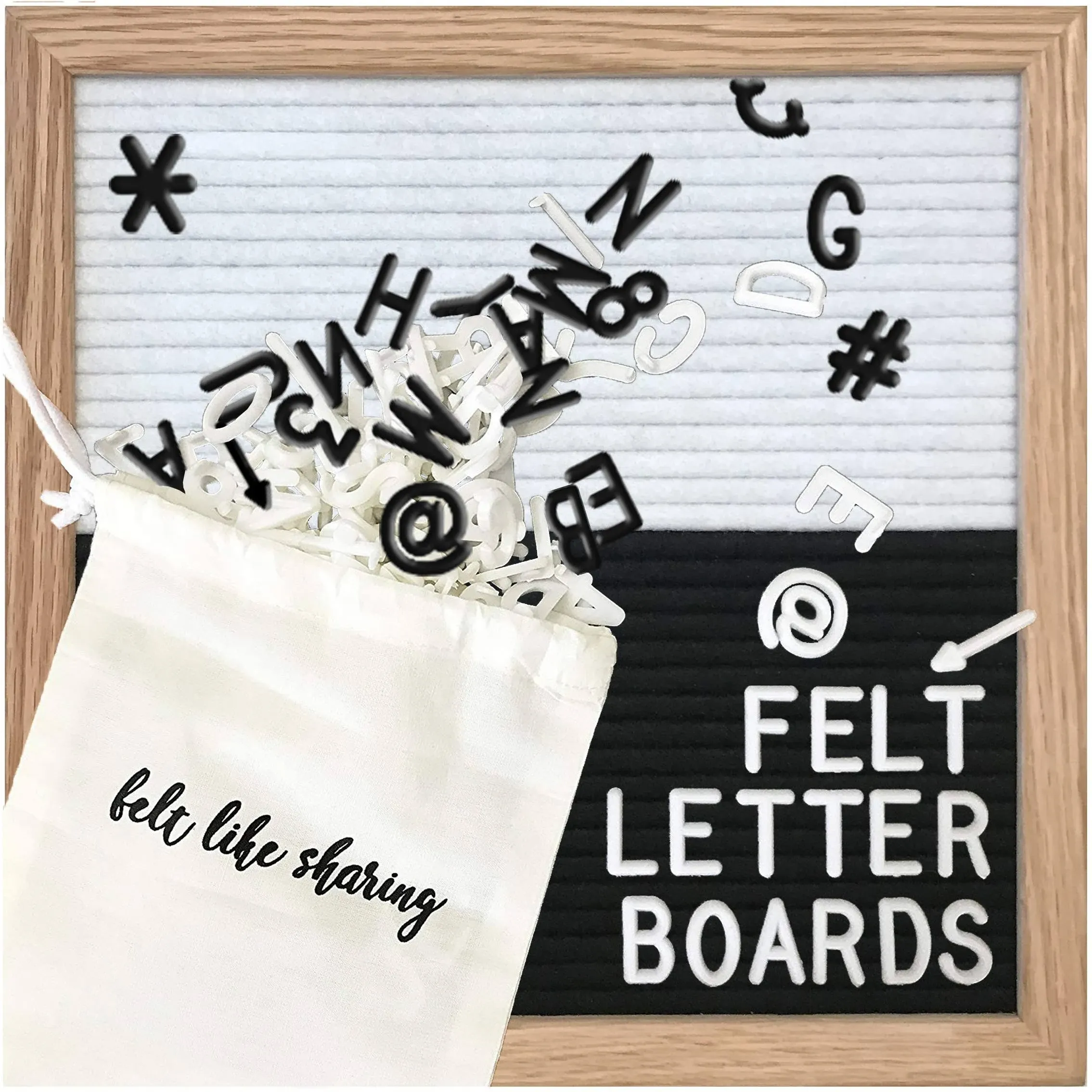 Felt Letter Board, 10x10in Changeable Letter Board with Letters White 300 Piece - Felt Message Board, Oak Frame Wooden Letter Board for Baby Announcements, Milestones, Office Decor (Black & White)