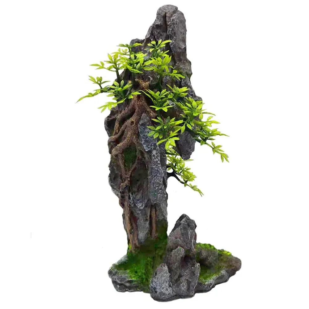 BCSIUHD Aquarium Ornament - Mountain View Stone Tree Rock Cave Large Fish Tank Decorations