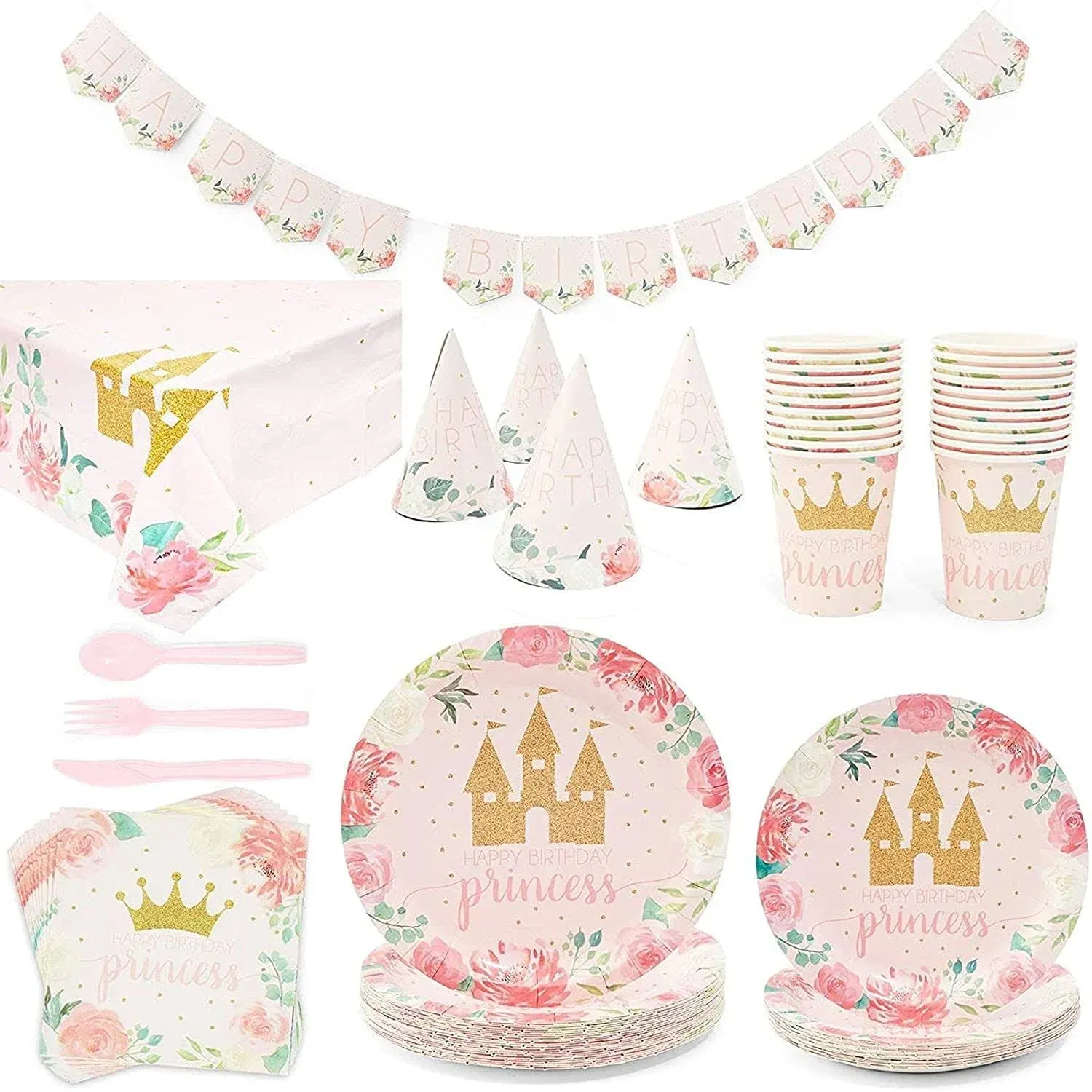 194-Piece Princess Birthday Party Decorations, Pink Dinnerware Set with Plates ...