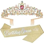 Velscrun Birthday Tiaras Crowns for Women, Gold Birthday Queen Sash, Happy Birthday Party Decorations for Women, Birthday Gifts for Women Mom, Happy Birthday Cake Toppers Headbands Accessories