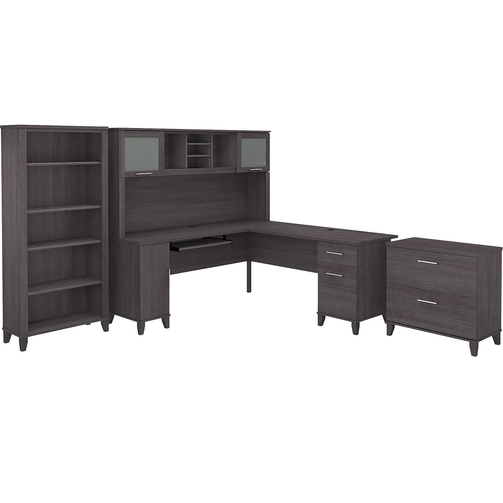 Bush Furniture Somerset 72W L Shaped Desk with Hutch, Lateral File Cabinet and Bookcase in Ash Gray