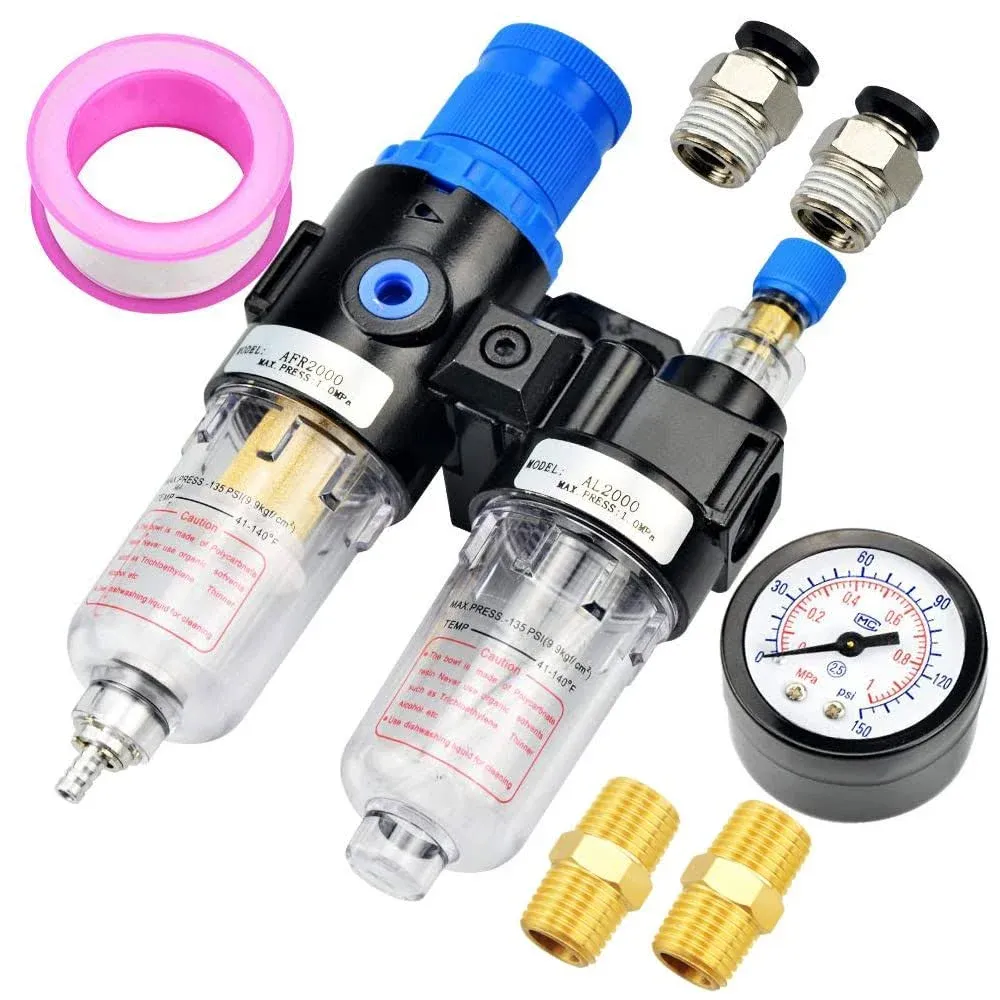 TAILONZ Pneumatic 1/4 inch NPT Afc2000 Air Filter Pressure Regulator Kit(0-145 Psi)Air Tool Compressor Filter with Gauge and Lubricator Cup