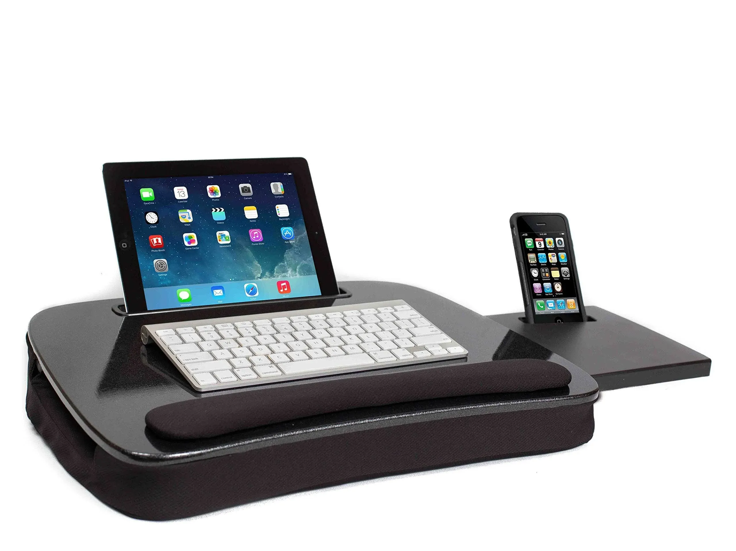 Multi-Tasking Lap Desk with Memory Foam Cushion & Wrist Rest - Portable Computer Bed Tray - Fits Laptops Up to 15", Tablets Up to 9.6", Smartphones Up to 3.5" - Black Top