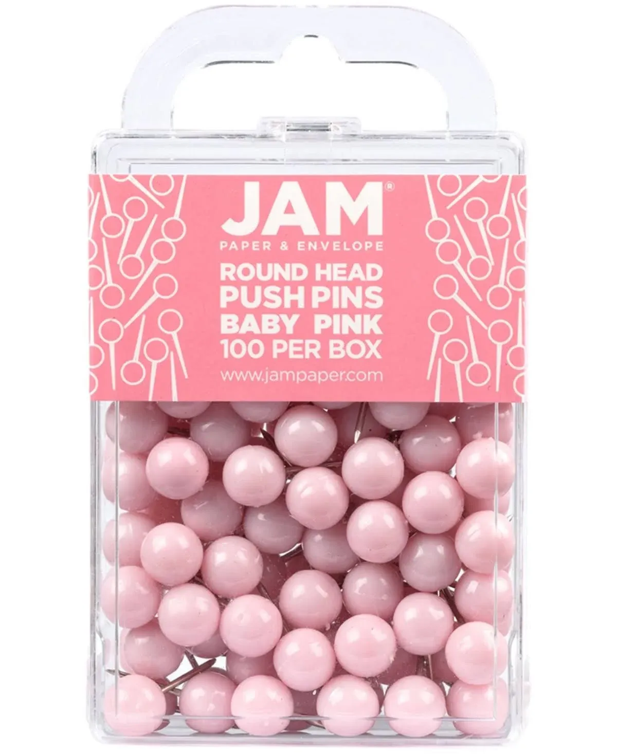 Jam Paper Round Head Push Pins Baby Pink Pastel 100/Pack (346RTBAPI)