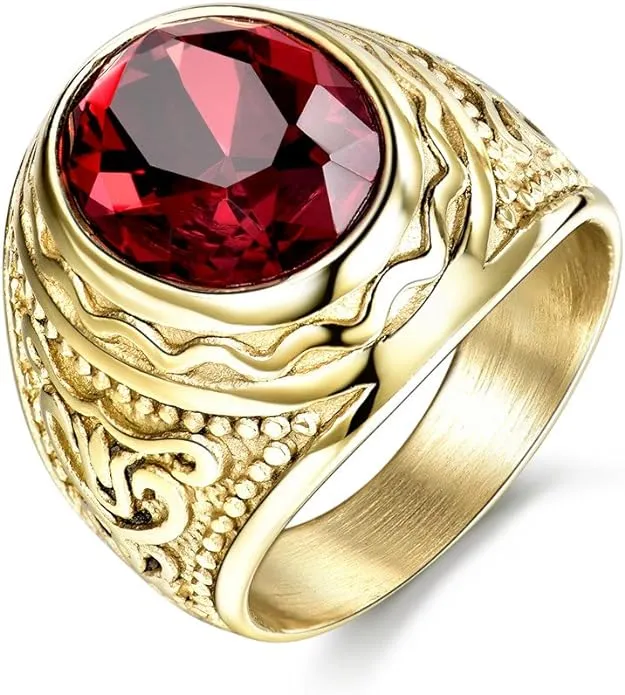 Lunxury Engraved Stainless Steel Mens Ring Red Synthetic Ruby Crystal Gold Color Wedding Band Rings