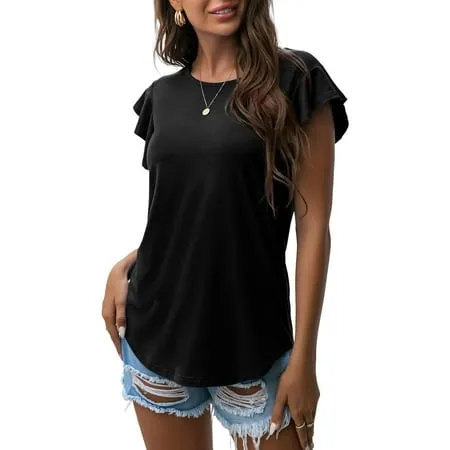 PrinStory Summer Ruffle Short Sleeve Knit Tunic Tops for Women Black US MediumPrinStory Summer Ruffle Short Sleeve Knit Tunic Tops…