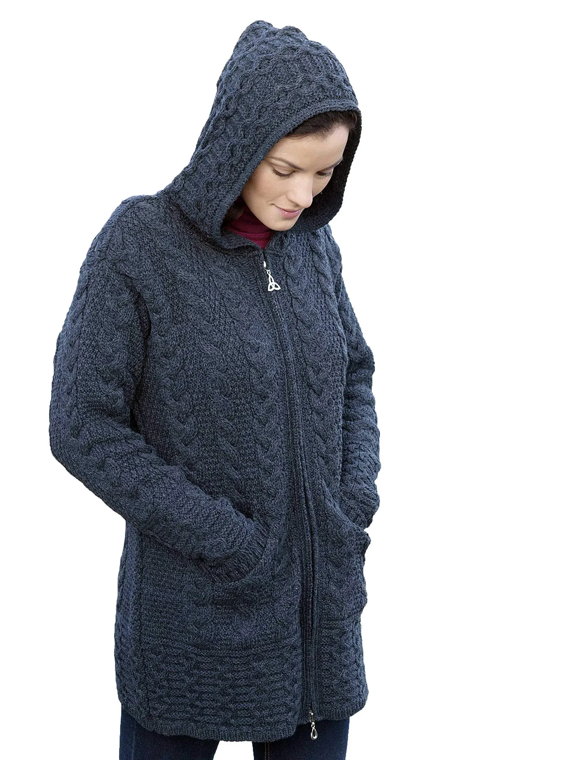 Aran Crafts Galway Charcoal Coat With Celtic Knot Zipper, L