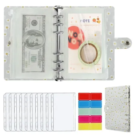 A6 Budget Binder PVC Notebook TSV Budget Binder with Cash Envelopes Budget Planner Organizer Waterproof 6-Ring Money Saving Binder Cover with 10 Binder Pockets 10 Labels (Daisy Flowers & Laser)