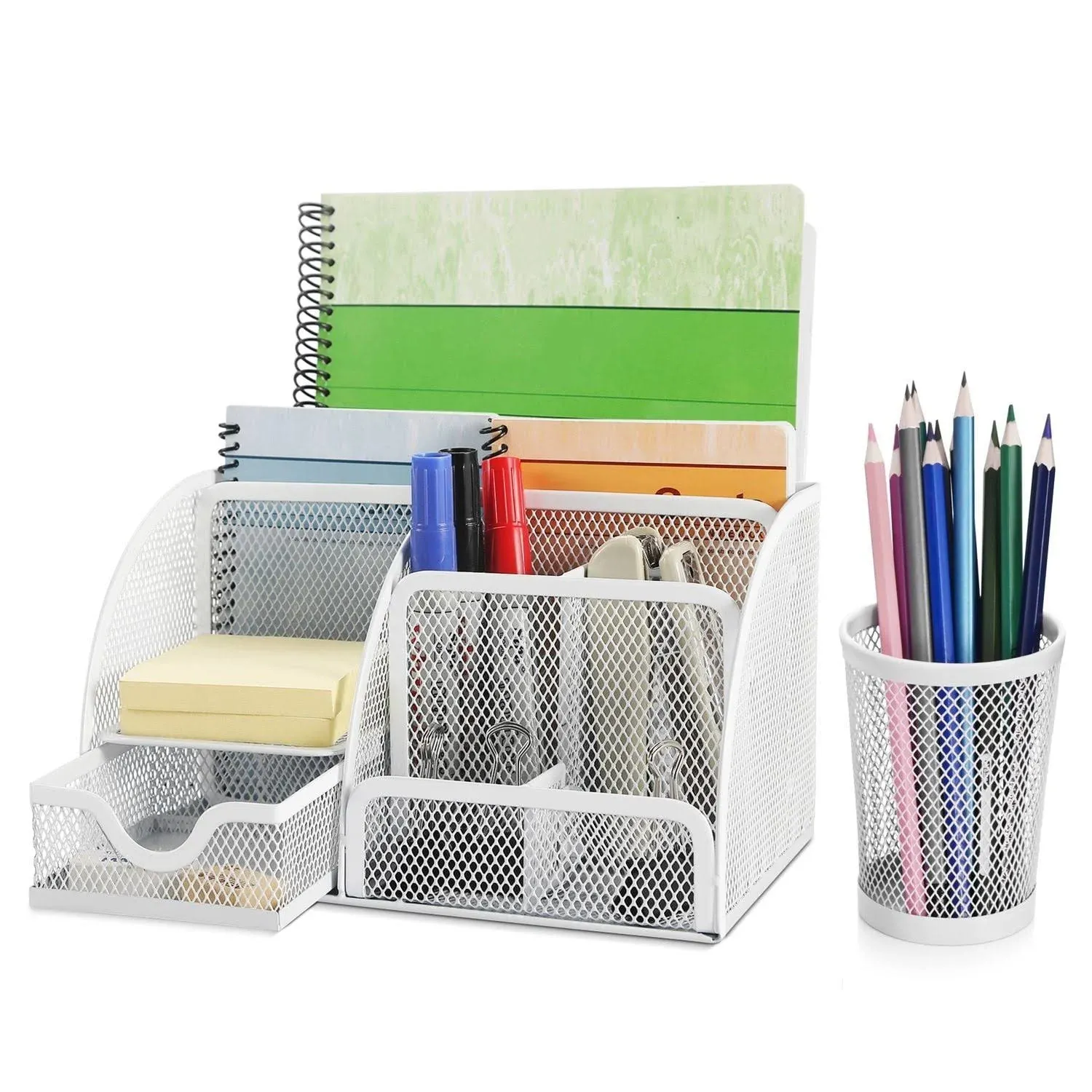 Flexzion Desk Caddy Organizer White Metal Mesh Office Desk Supplies Organizer ...