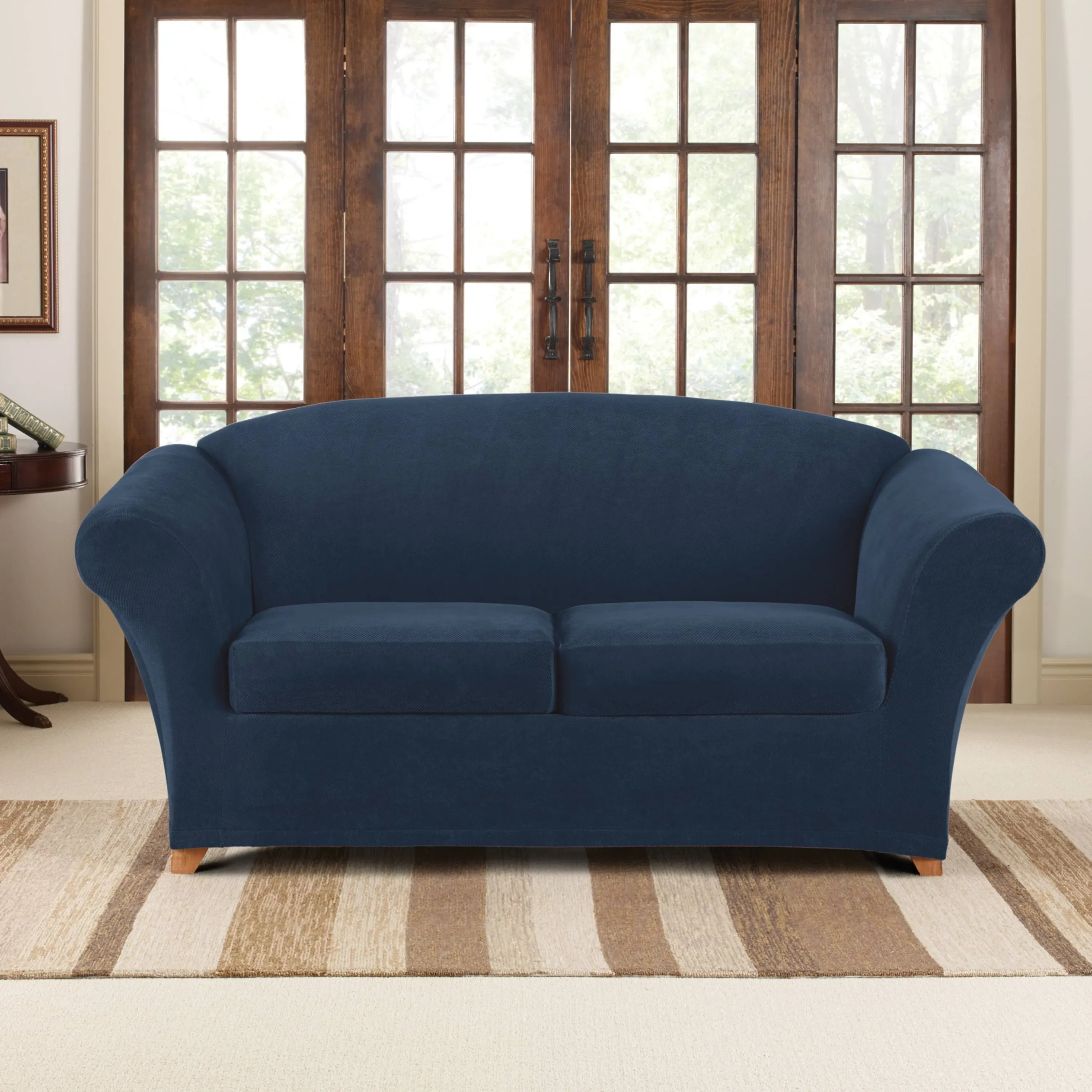 3pc Stretch Pique Loveseat Slipcovers Navy - Sure Fit