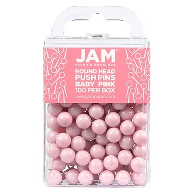 JAM PAPER Round Head Push Pins, Baby Pink Pastel, 100/Pack (346RTBAPI)