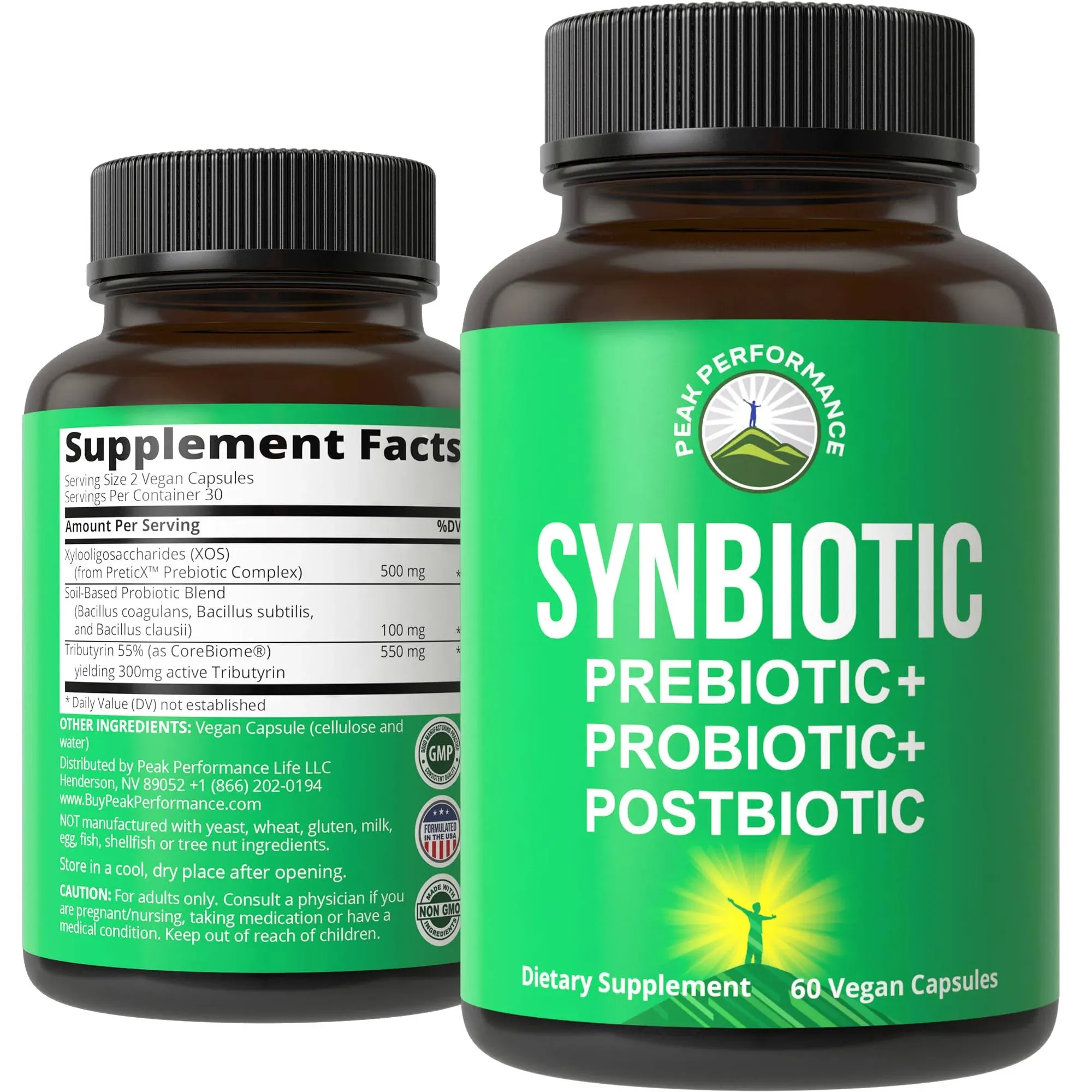 Peak Performance Synbiotic = Prebiotic + Probiotic + Postbiotic 3-in-1 Supplement with Clinically Tested Ingredients. Pre and Probiotics Plus