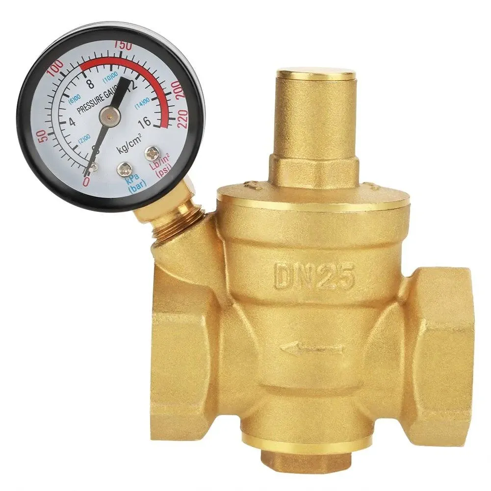 DN25 Brass Adjustable Water Pressure Reducing Regulator Reducer+Gauge Meter