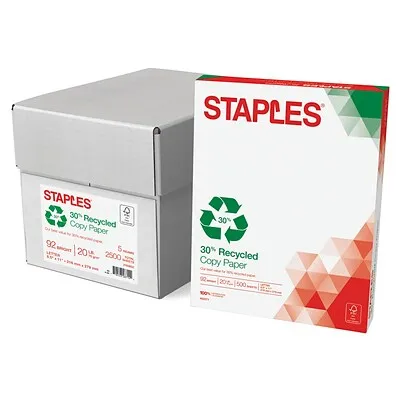 Staples 30% 8.5 x 11-Inch Copy Paper, 20 lbs., 92 Brightness, 500 Sheets/Ream, 5