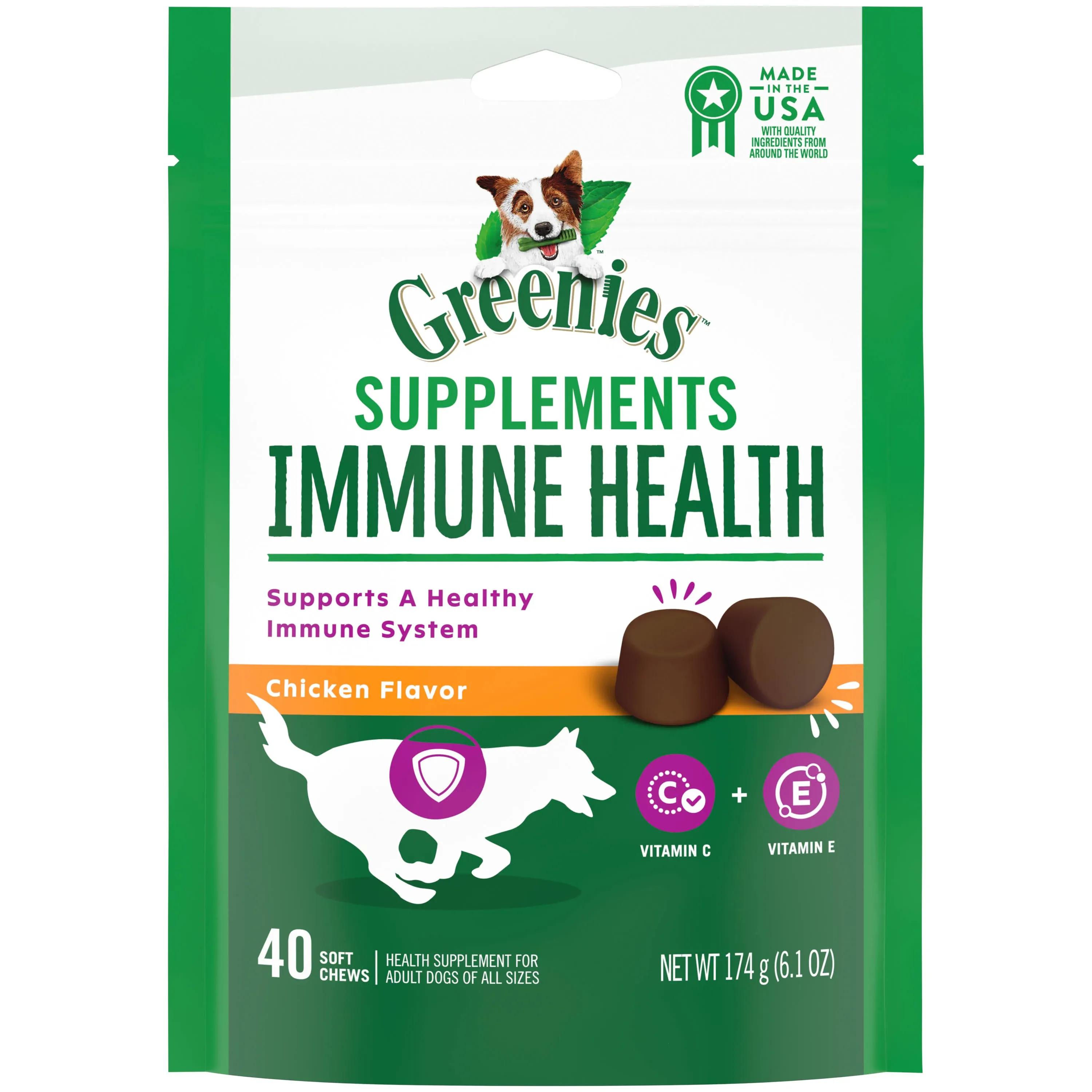 GREENIES Immune Health Dog Supplements With an Antioxidant Blend of Vitamin C and E, 40-Count Chicken-Flavor Soft Chews for Adult Dogs of All Sizes