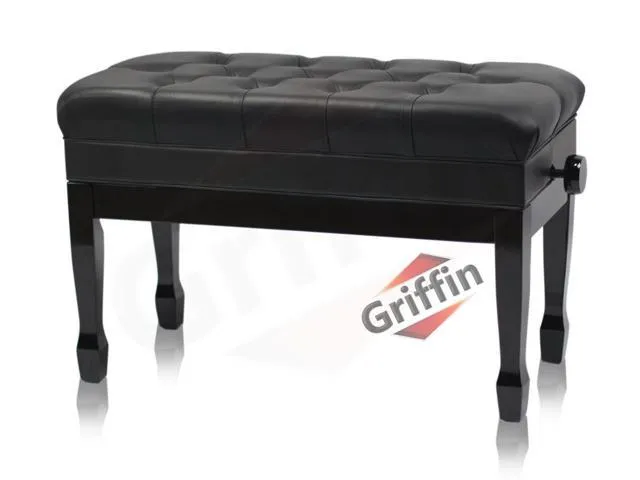 GRIFFIN Genuine Leather Piano Bench Oversize Duet Vintage Black Solid Wood & Ergonomic Keyboard Stool 2 Person Cushion Seat & Sheet Music Book.