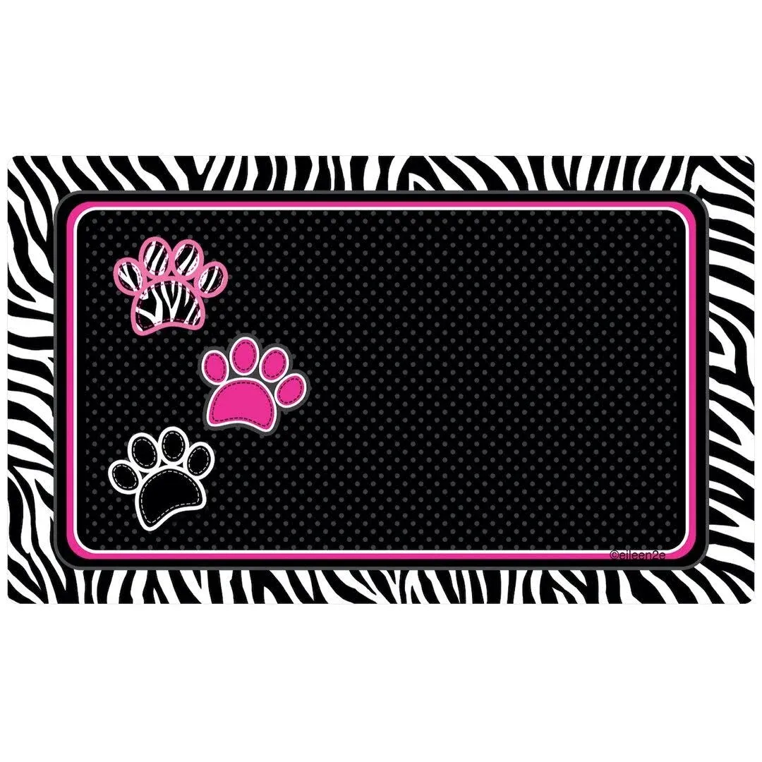 Drymate Pet Bowl Placemat, Dog & Cat Food Feeding Mat - Absorbent Fabric, Waterproof Backing, Slip-Resistant - Machine Washable/Durable (USA Made) (12” x 20”) (Zebra/Paws Black)