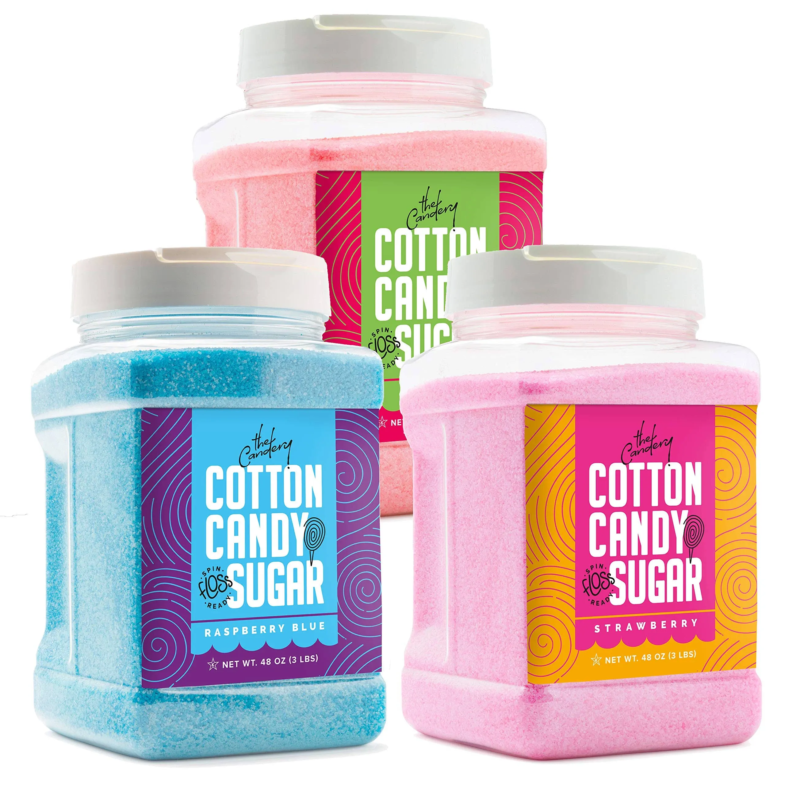 The Candery Cotton Candy Sugar FLoss 3lbs 3 Pack Premium Flavors (Grape, Raspberry,Strawberry) Plastic Reusable Jars - Easy Grip Easy Pour Spout