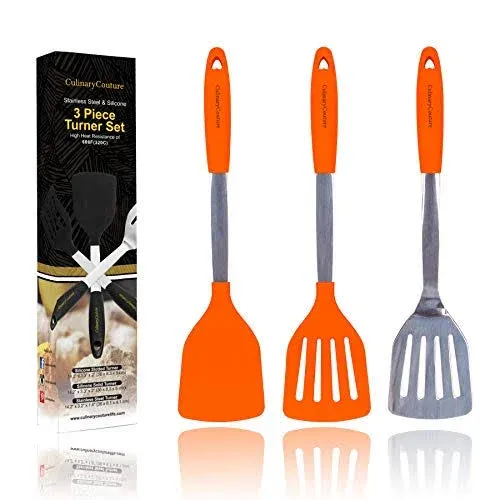 Orange Silicone Spatula Turner Set “ Stainless Steel And Silicone Heat Resistant