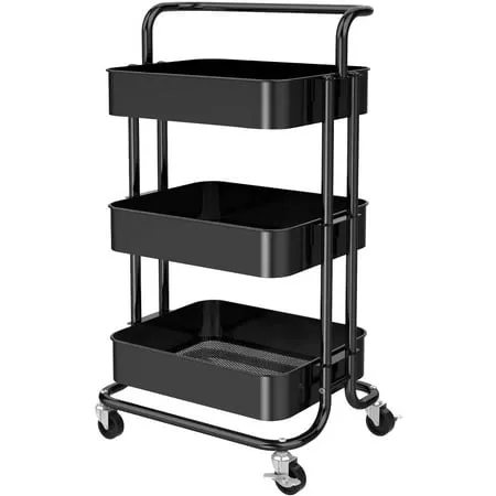 PERLEGEAR 3-Tier Rolling Utility Cart Metal Organization Storage Cart with 2 Lockable Wheels (Black)