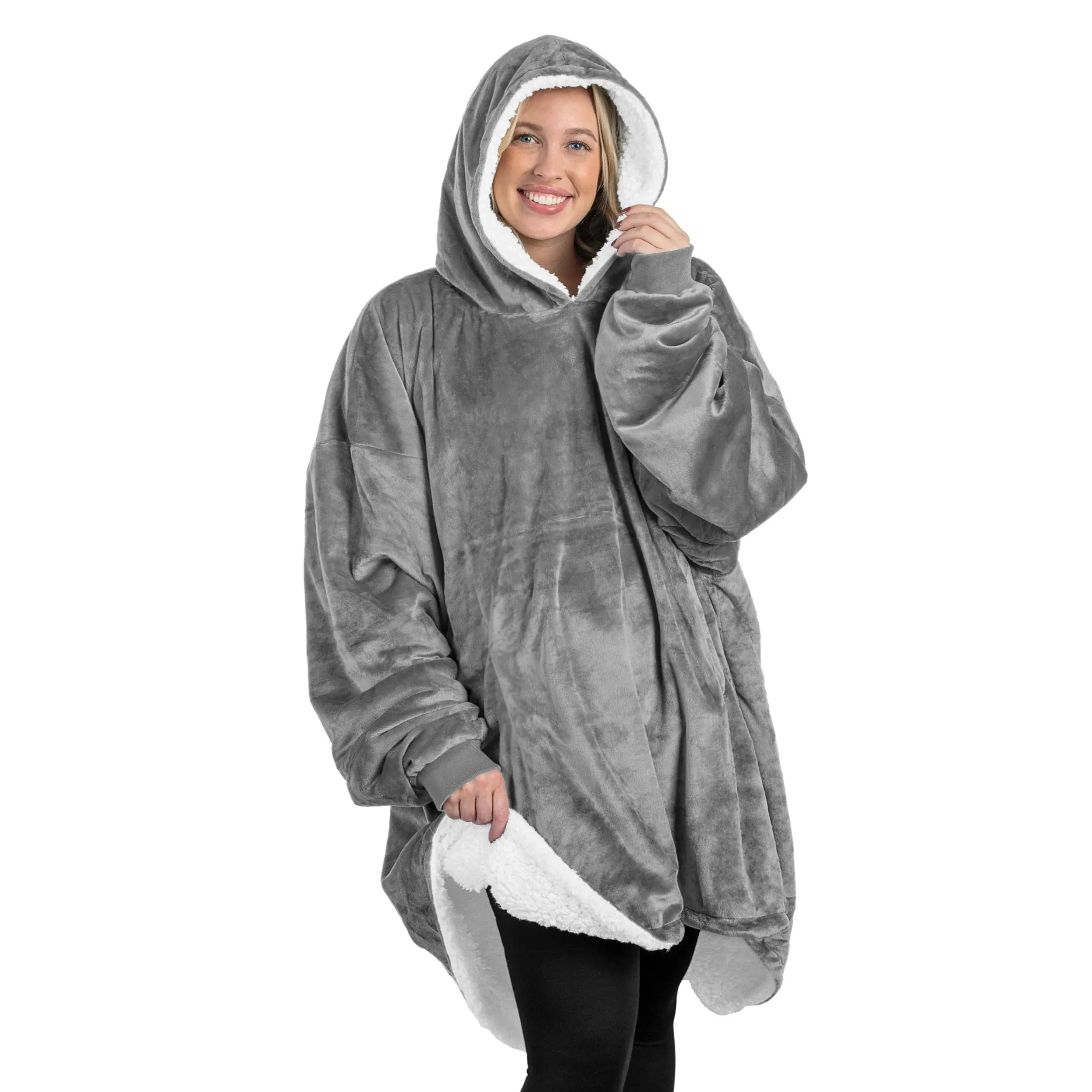 Bare Home Sherpa Fleece Wearable Blanket - Oversized Wearable Blanket Hoodie - Youth Size - Warm & Cozy - Soft Plush Blanket - Comfortable Blanket Sweatshirt with Dual-Sided Pockets (Youth, Grey)