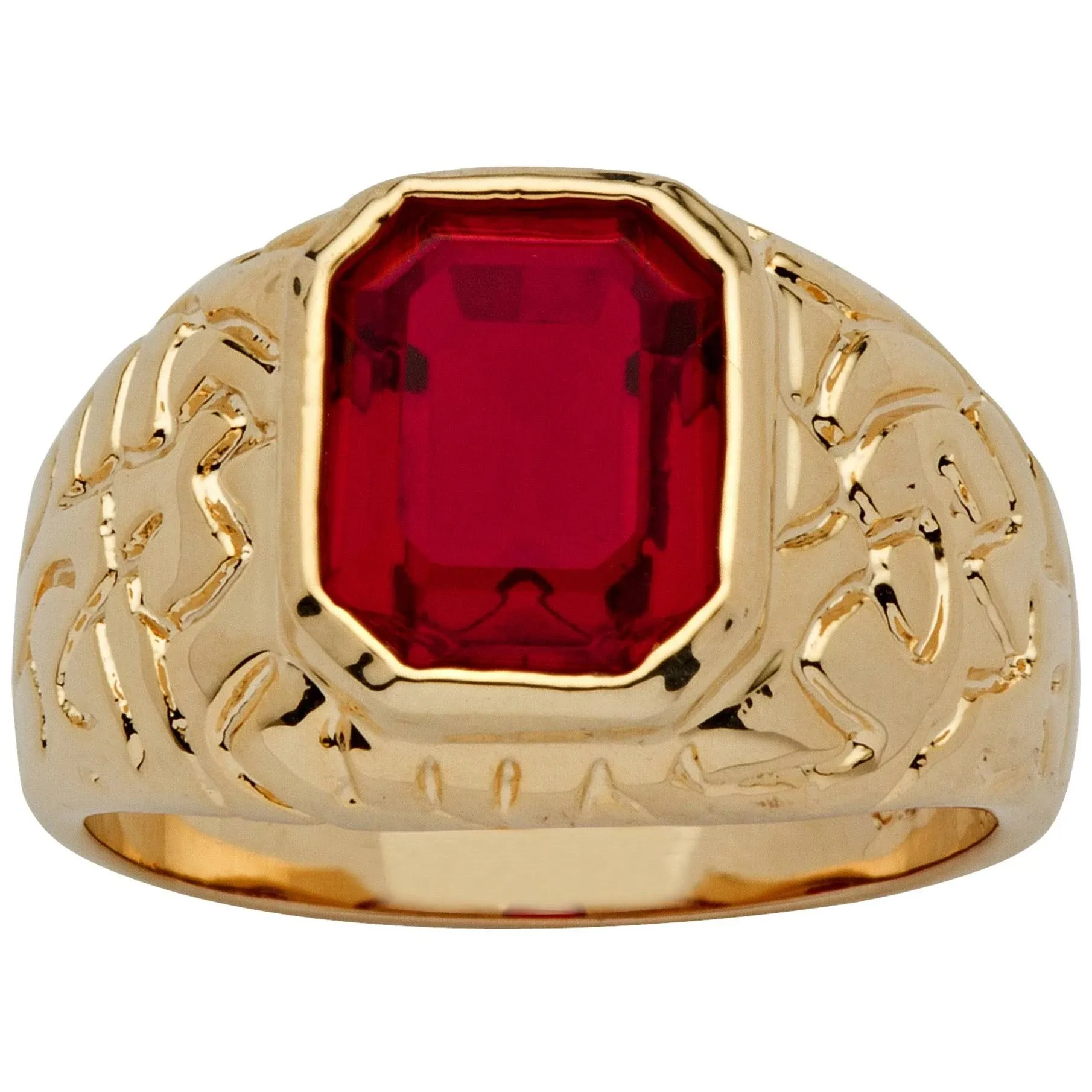 "PalmBeach Jewelry Men's Yellow Gold-plated Emerald Cut Simulated Red Ruby Nugget Style Ring Sizes 8-16"