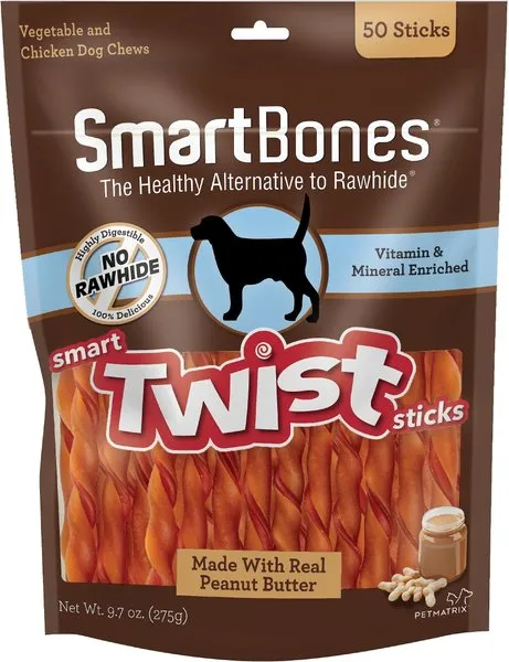 SmartBones Smart Twist Sticks with Peanut Butter 50 Count, Rawhide-Free Chews for Dogs