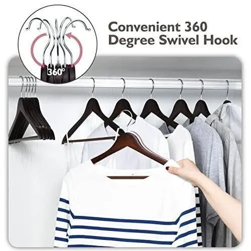 Wooden Hangers 30 Pack, Slim Hangers Wood with Non Slip Pants Bar, Smooth Finish Wooden Suit Hangers, Walnut