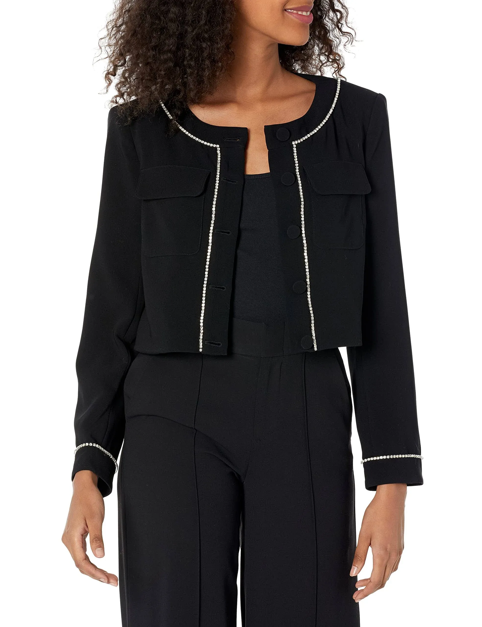 NWT - Cinq a Sept &#039;Rina&#039; Crystal-Trim Cropped Crepe Jacket, Black - Size 14