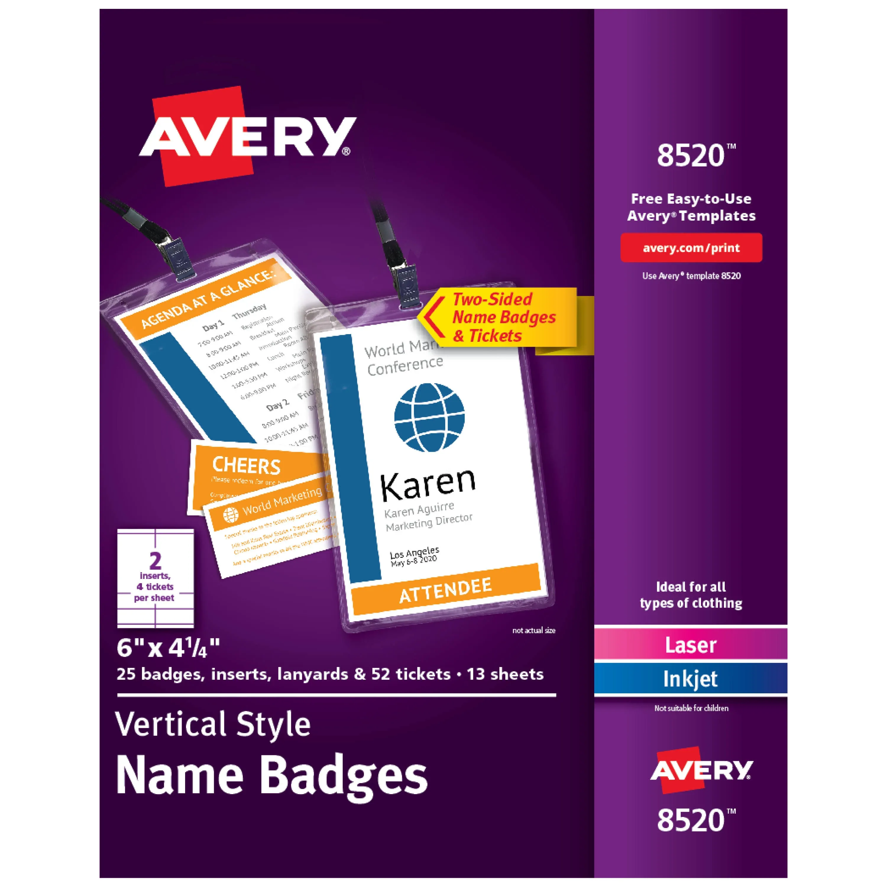 Avery Lanyard-Style Vertical Plastic Name Badge Holder with Inkjet and Laser Inserts, 4.25 x 6 inch -- 25 per case